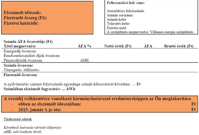 Energiszolgáltatók részszámla mintája